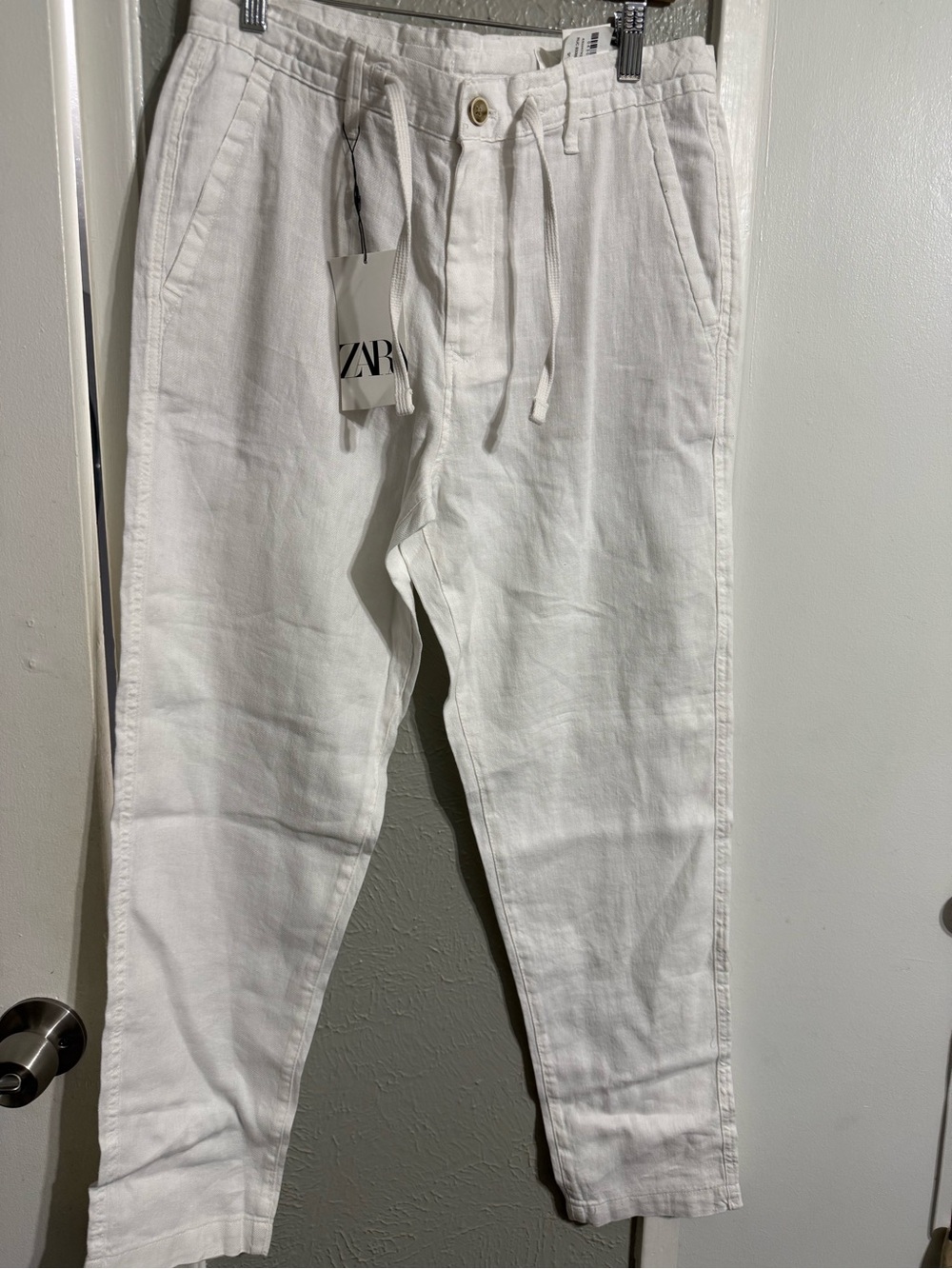 Zara Men White Drawstring Linen-Blend Chinos